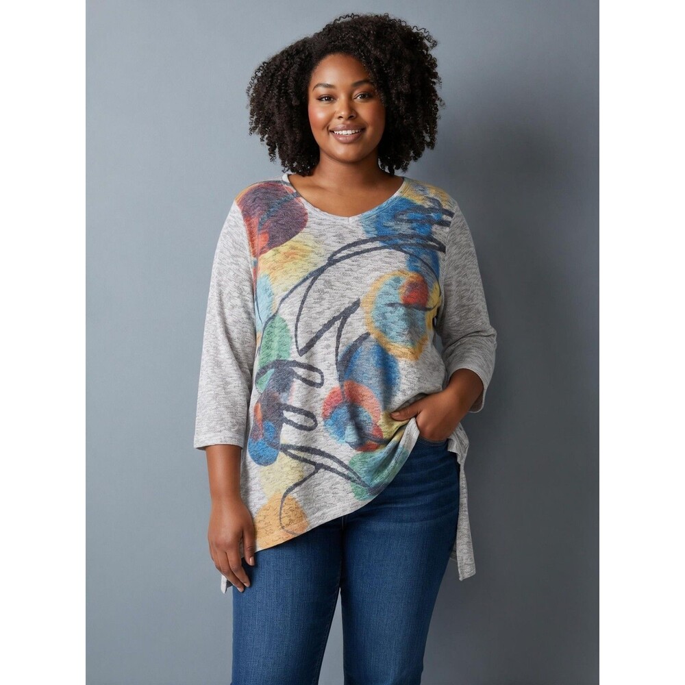 Ali Miles Abstract Open Knit Tunic Blouse Women's Plus 1X | Grey / Multi